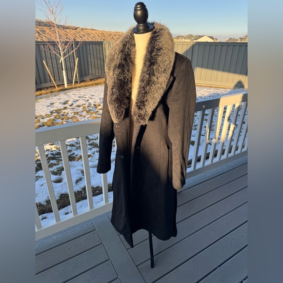 Escalier Black Wool Belted Coat with Genuine Fox Fur Collar Women’s Large Luxury - Picture 2 of 12